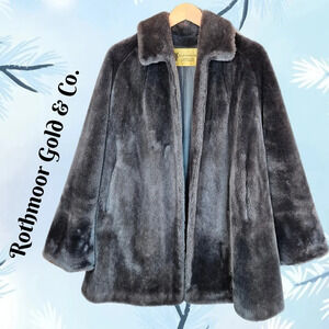 Vintage Rothmoor Gold & Co Gray Faux Fur Coat Open Front Bell Sleeves Women's